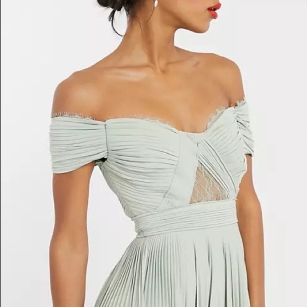 Asos premium lace and pleat Bardot maxi dress sage green SIZE 4